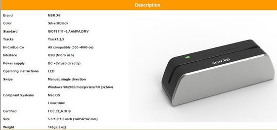 5.5*1.6*1.6 ιντσών MSR-X6 Μαγνητική λωρίδα Smart USB Card Reader Writer Άλλος τύπος
